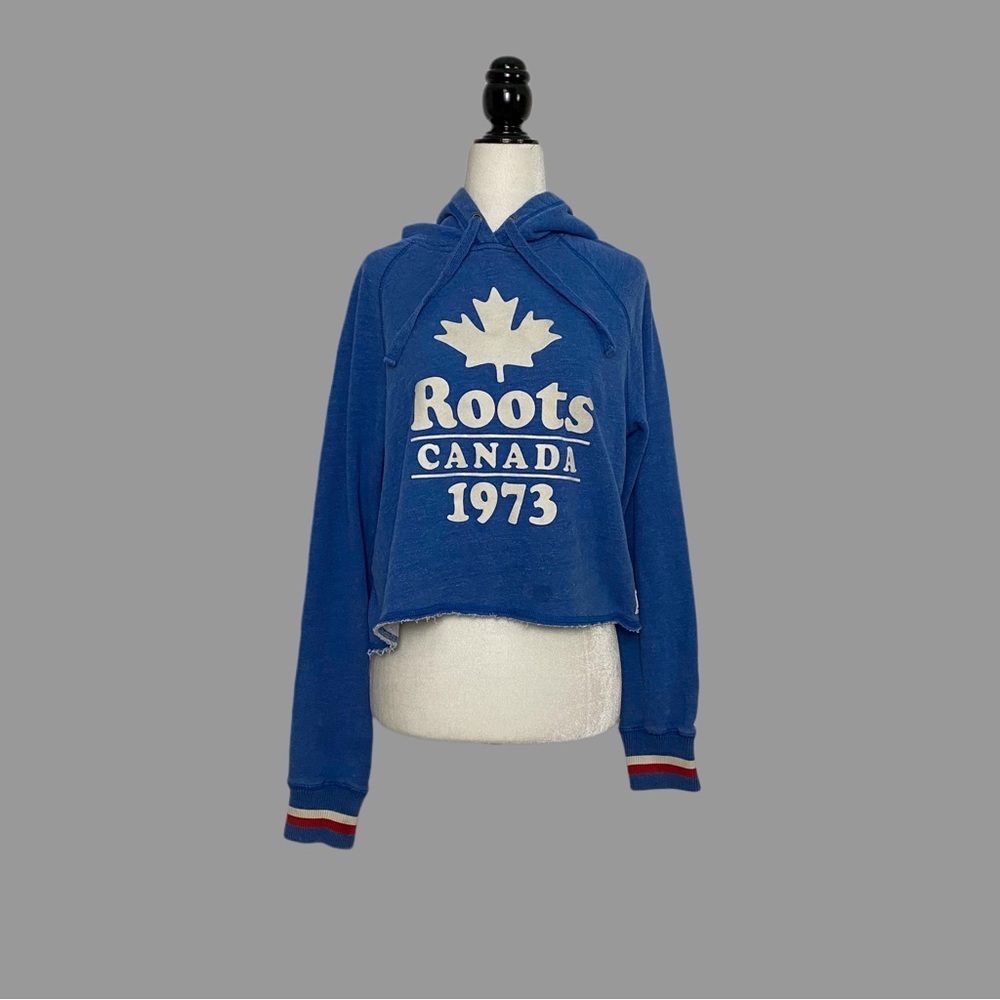 ❤️ M ❤️ Roots Cropped Sweatshirt Raw Hem Soft Hoodie Blue
